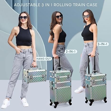 FRENESSA Rolling Makeup Case Cosmetology Case on Wheels 3 in 1 Cosmetic Trolley Large Storage Organizer Salon Barber Case Traveling Cart Trunk for Esthetician Nail Tech Mobile Stylists, Blue