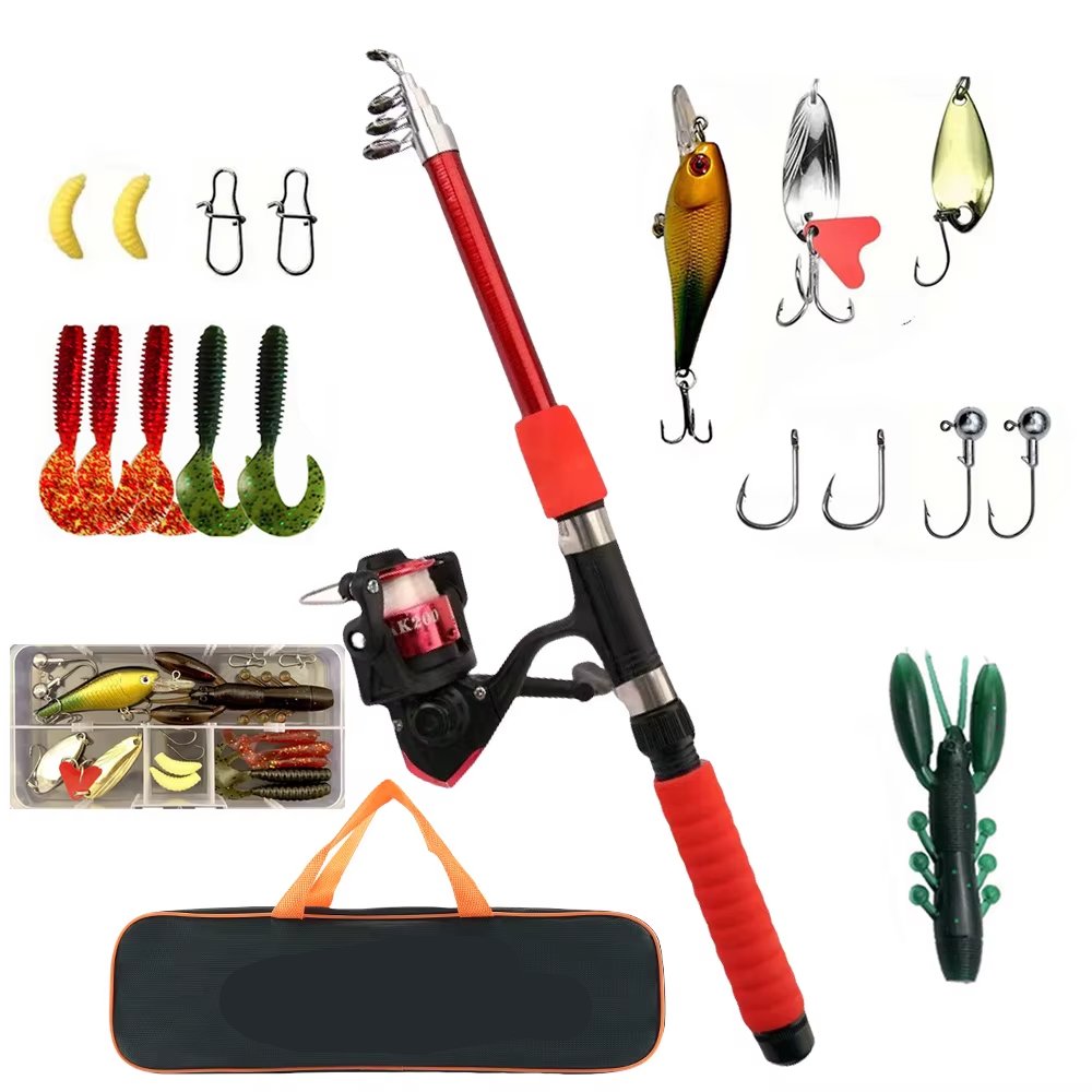 Rocklon Fishing Pole Set Full Kits With Telescopic Fishing Rod And Spinning Reel Baits Hooks Travel Pole Set