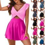 Rocklon Women's One-piece Sexy Fashionable Ruffle Cross Hollow Out Skirt Beach Solid Color Block Swimsuit With Chest And No Steel - Image 5
