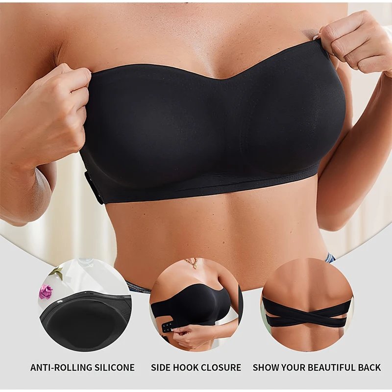 Rocklon Women's Sexy Strapless Push Up Bra Removable Padded Seamless Ice Silk Top Women Invisible Beauty Back Anti-slip Off-shoulder Bra