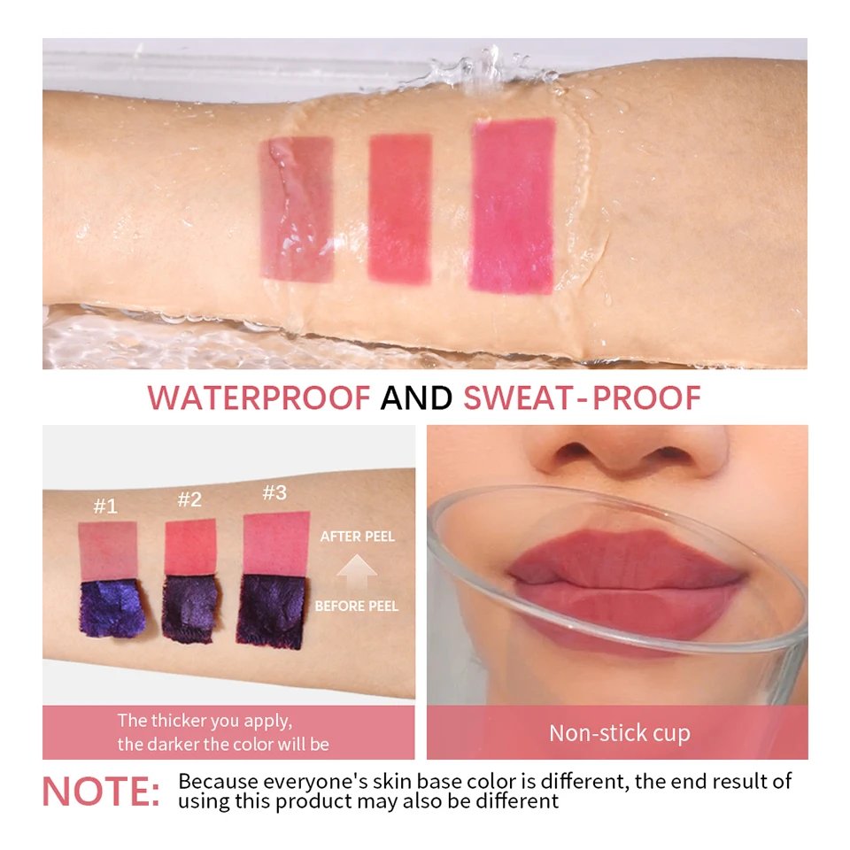 Rocklon Lip Stain Blading Peel Off and Reveal Kit Long Lasting 3pcs Rose Waterproof Pink Lip Tint Transfer Proof Natural Lip Stain Kit