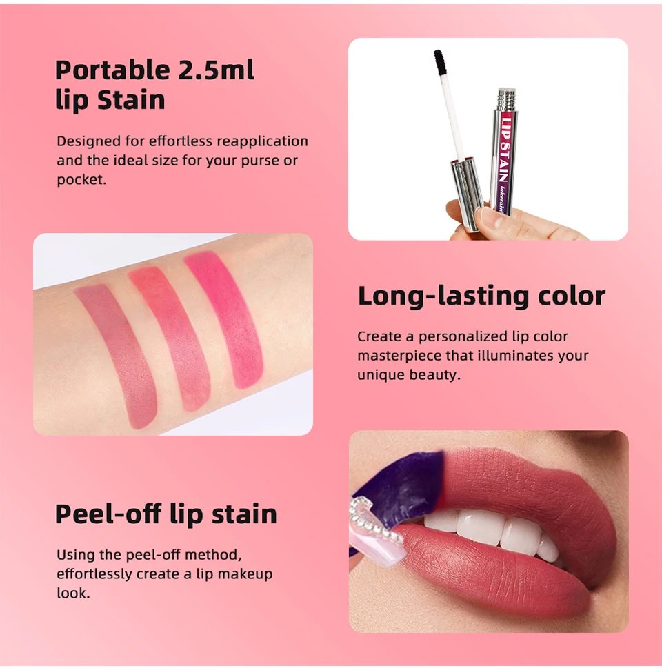 Rocklon Lip Stain Blading Peel Off and Reveal Kit Long Lasting 3pcs Rose Waterproof Pink Lip Tint Transfer Proof Natural Lip Stain Kit