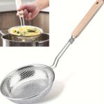 Stainless Steel Colander with Wooden Handle - Fine Mesh Skimmer Spoon for Cooking, Food Prep  Grease Filtering for Pasta Noodles