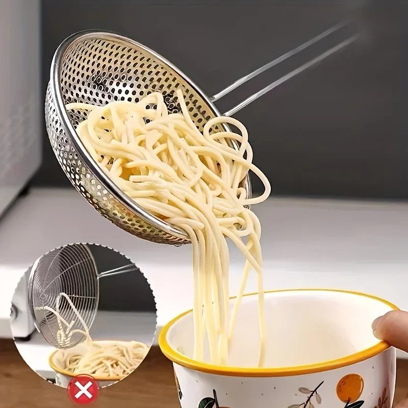 Stainless Steel Colander with Wooden Handle - Fine Mesh Skimmer Spoon for Cooking, Food Prep  Grease Filtering for Pasta Noodles