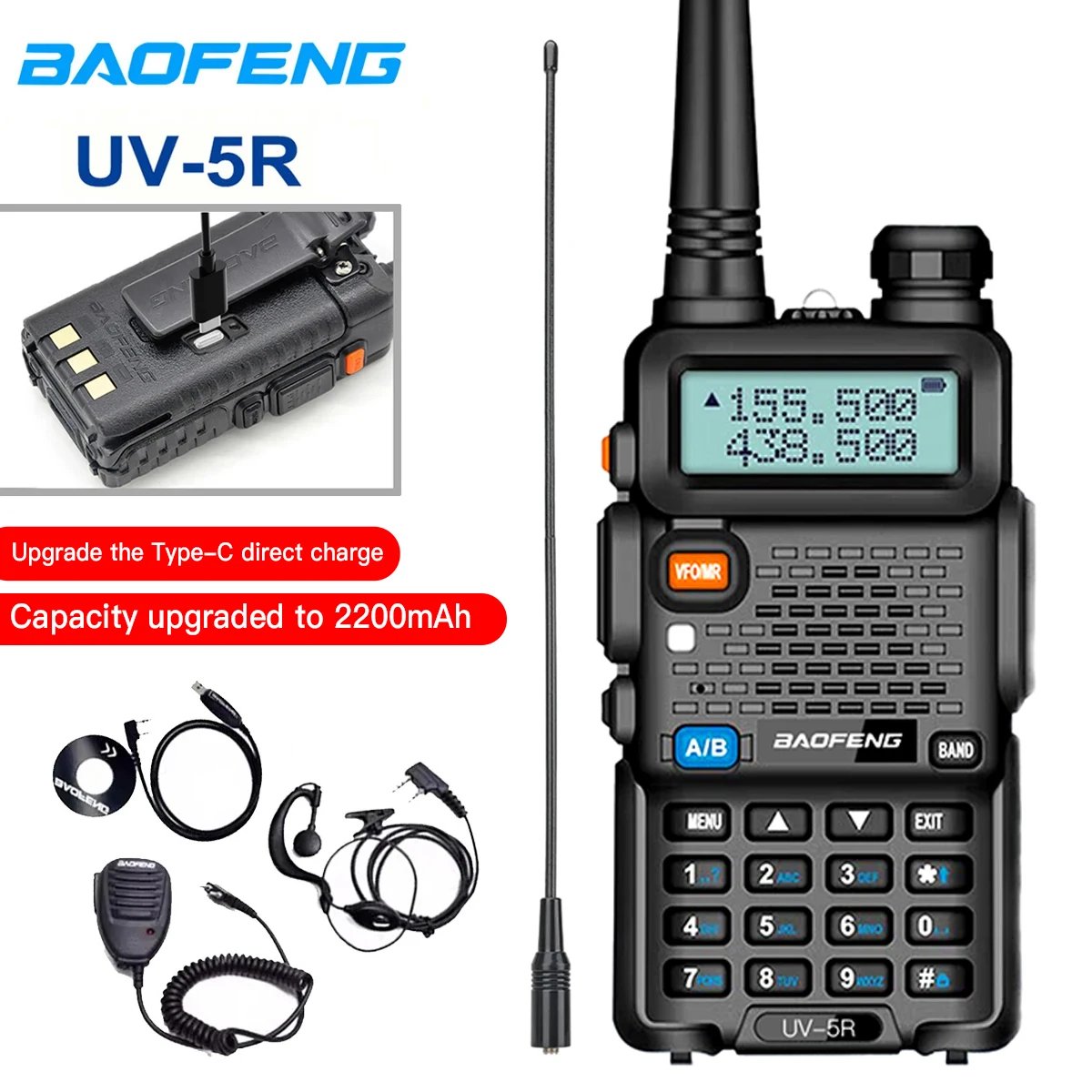 13171-bdwlml.jpg Baofeng UV-5R USB Lange Afstand Dual Band Ham Amateur Met Vhf Uhf Fm CB 128CH 2200mAh portable Handheld long range Two Way Radio - Image 1