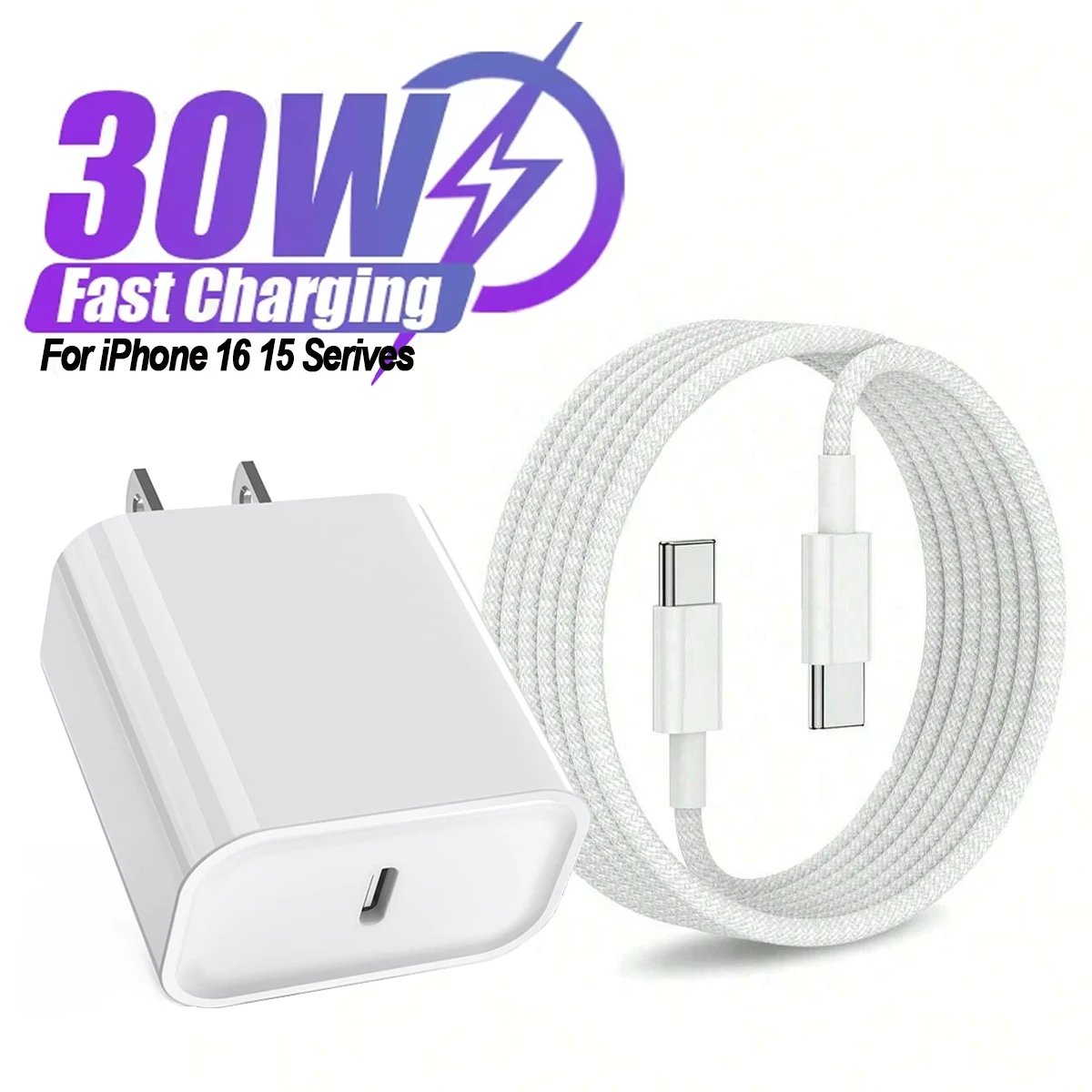 Rocklon 30W Fast Charger Set USB C Port Wall Charging 3.3Ft Type-C Braiding Data Cable for iPhone 16 15 Pro Max Plus ipad Samsung Xiaomi