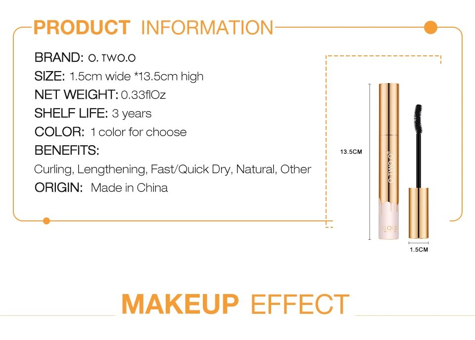 Rocklon O.TWO.O 3D Mascara Lengthening Black Lash Eyelash Extension Eye Lashes Brush Beauty Makeup Long-wearing Gold Color Mascara