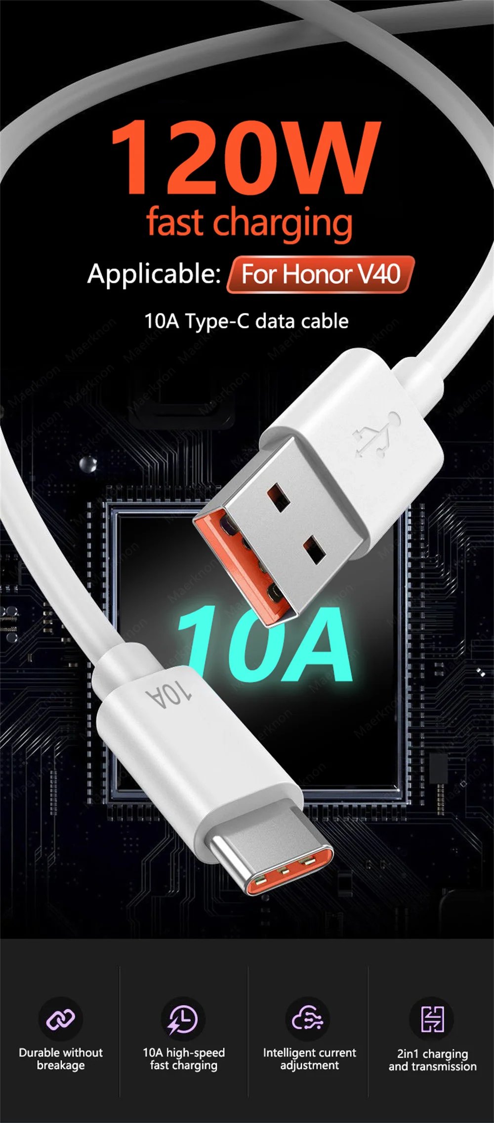 Rocklon 10A 120W Type C Fast Charging Cable Phone Charger USB C Data Cord For Huawei Mate 40 50 Honor Xiaomi Samsung Quick Charge Cable