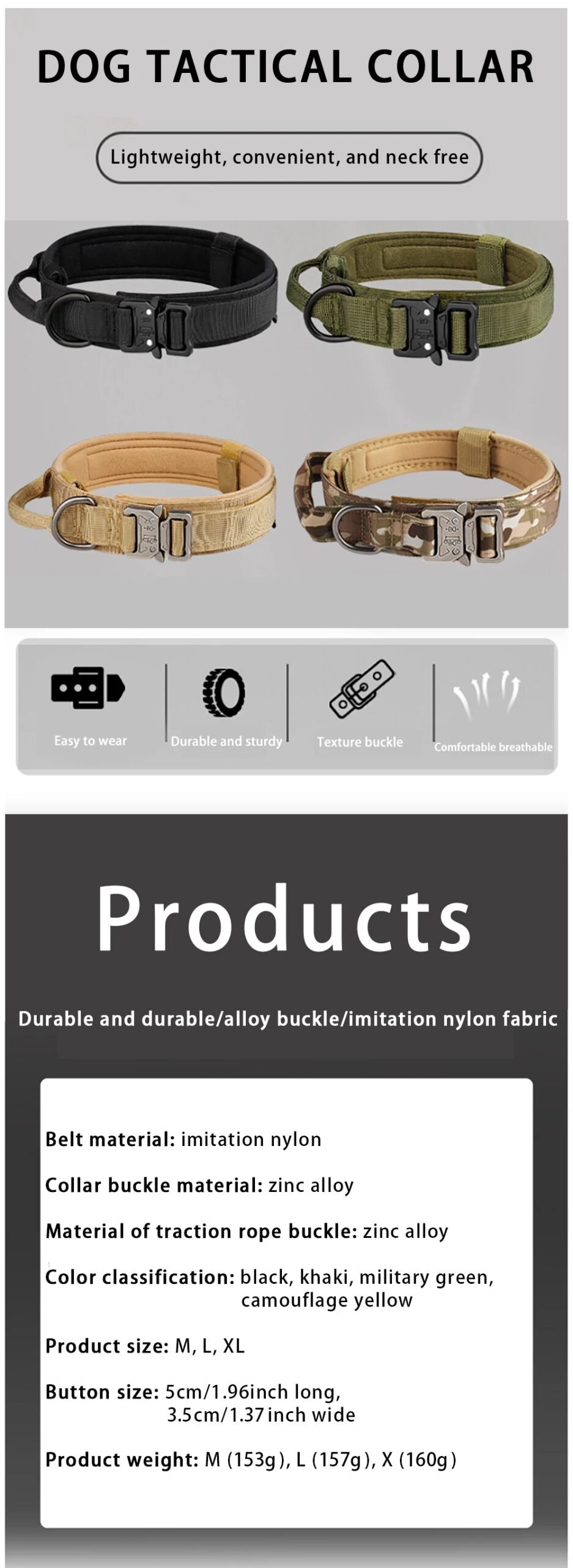 Rocklon Pet Products Outdoor Tactical Dog Collar Metal Buckle Breathability Nylon Collar Medium and Large Dog Training Neck Collar Dog