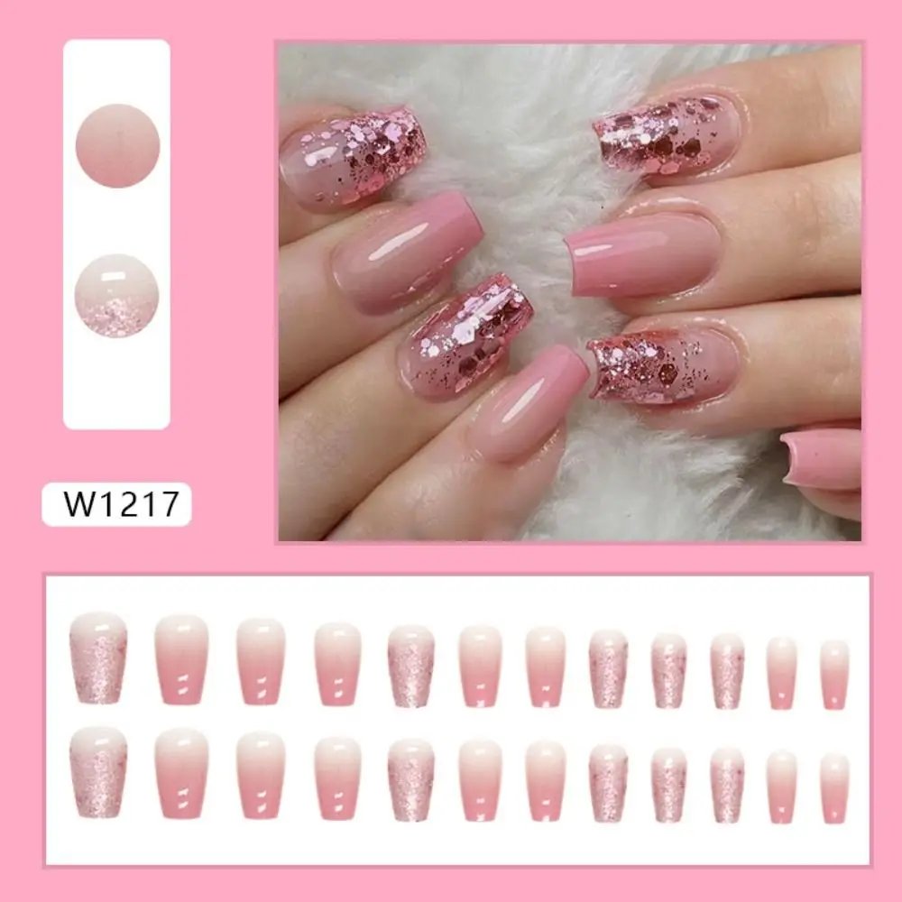 Rocklon 24pcs Gradient Fake Nails French Ballerina Nail Waterproof Faux Medium Coffin false nails Fingernails Press on Nails Tips