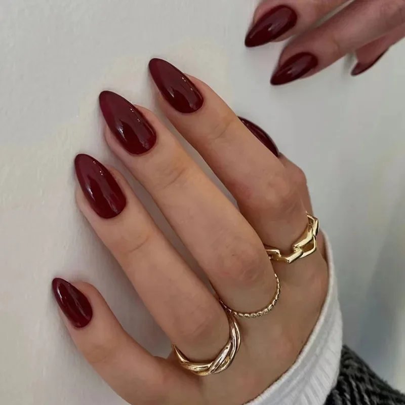 14057-dvsnu7.jpg Rocklon 24Pcs Simple Wine Red Fake Nail with Glue Mid-length Almond Press on False Nails Wearable Round Head Oval Full Cover Nail Tips - Image 1