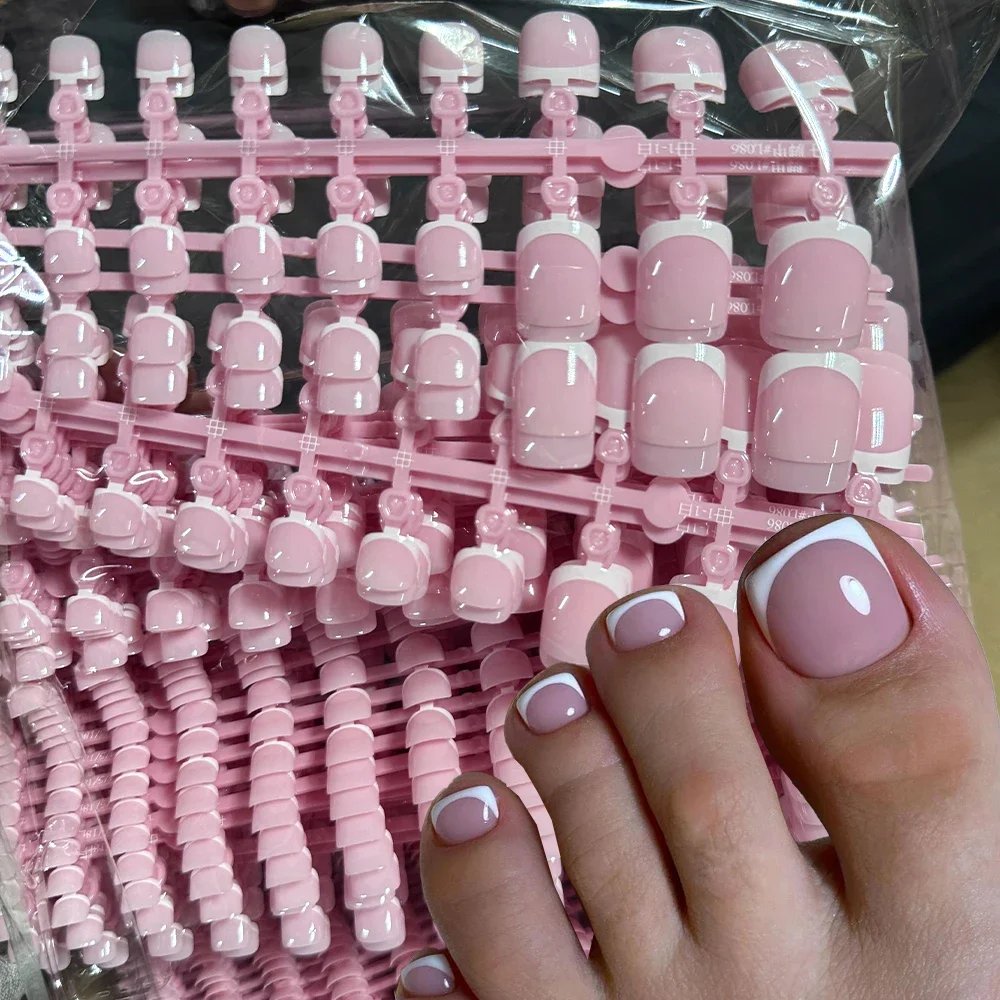 120pcs Short Square False Toe Nail Tips Pink French Soft Gel Press On Toenails White Edge Fake Toe nails Full Cover Toe Nail Tip