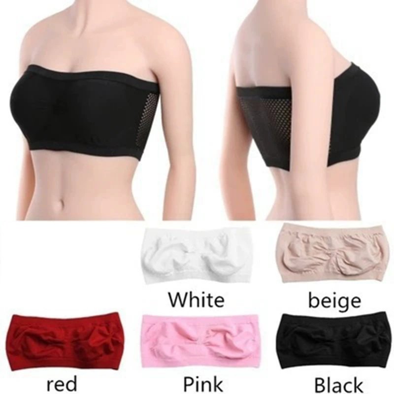 Lady's Sexy Strapless Crop Top Bra Bandeau Boob Tube Brassiere Summer Breathable Mesh Invisible Strapless without Chest Pad Wrap