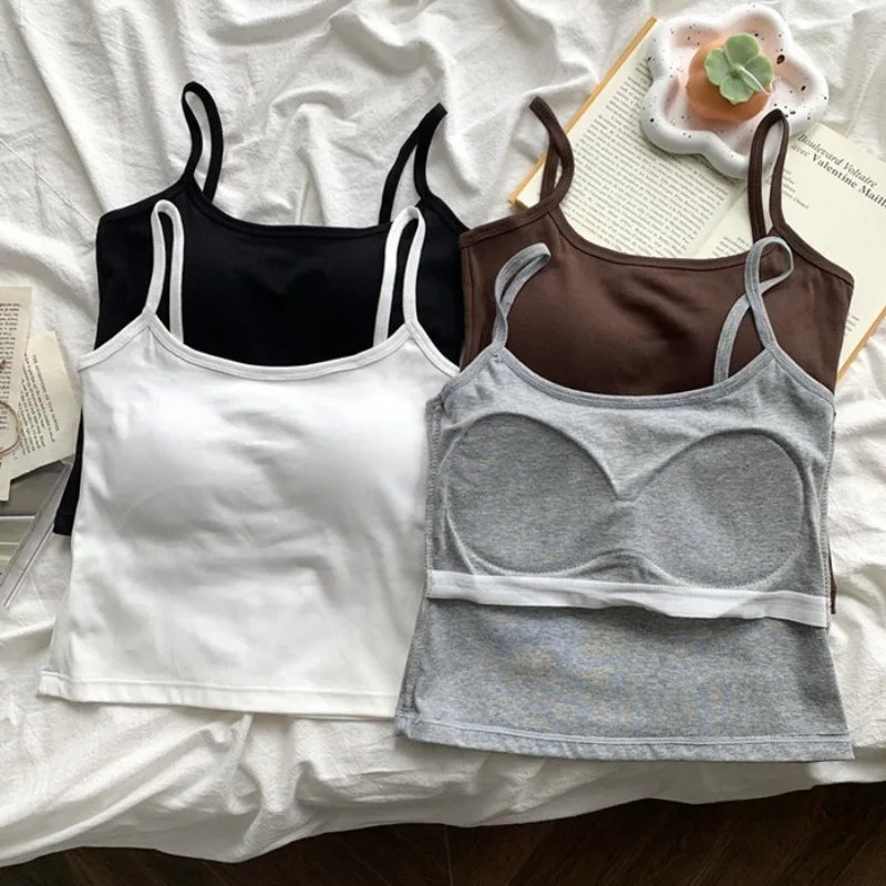 1PC  Women's Solid Color Spaghetti Straps Sleeveless Slim Camisole With Chest Pad