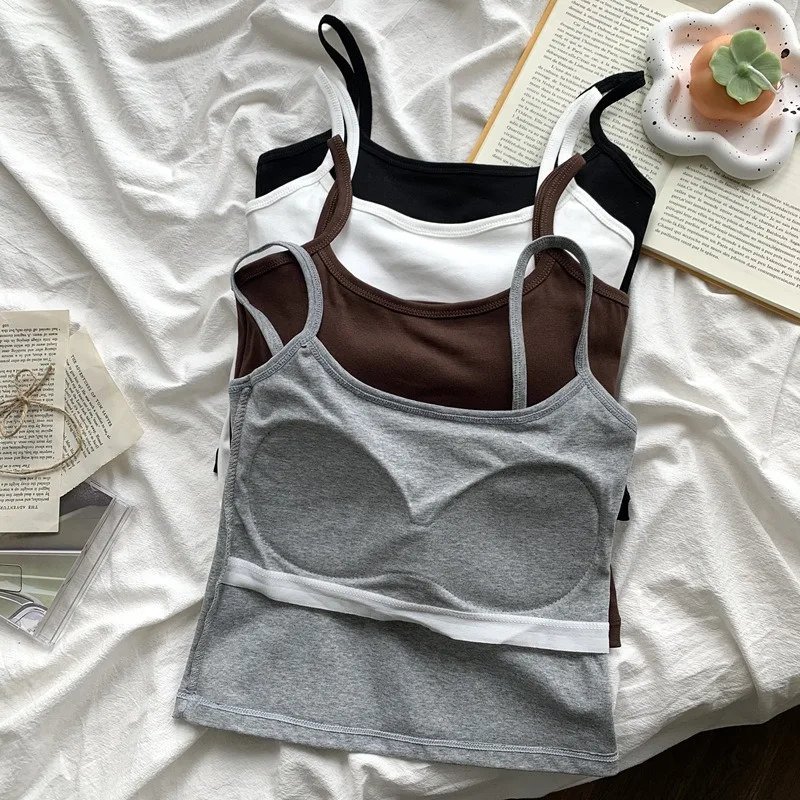 1PC  Women's Solid Color Spaghetti Straps Sleeveless Slim Camisole With Chest Pad