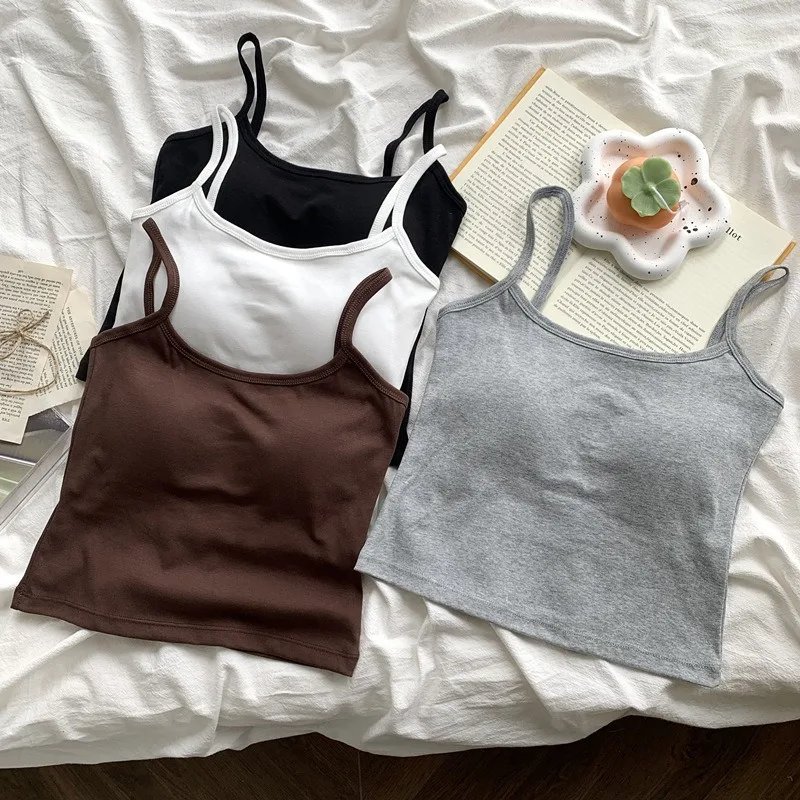 1PC  Women's Solid Color Spaghetti Straps Sleeveless Slim Camisole With Chest Pad
