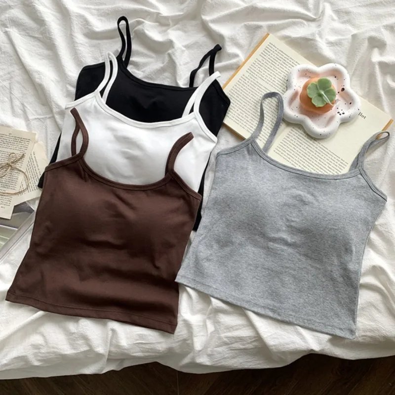 1PC  Women's Solid Color Spaghetti Straps Sleeveless Slim Camisole With Chest Pad
