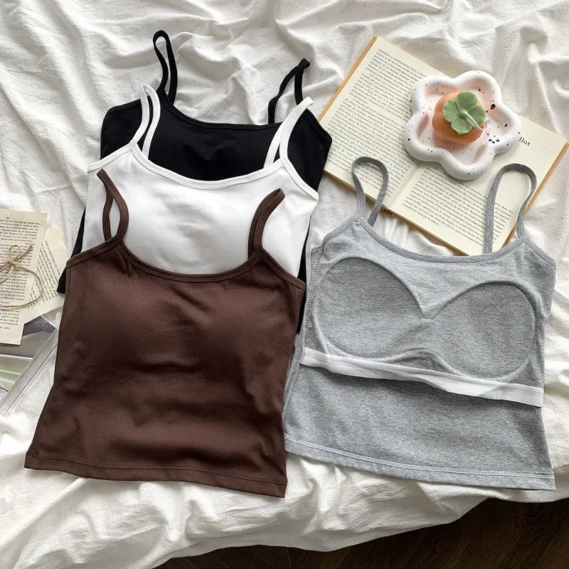 1PC  Women's Solid Color Spaghetti Straps Sleeveless Slim Camisole With Chest Pad