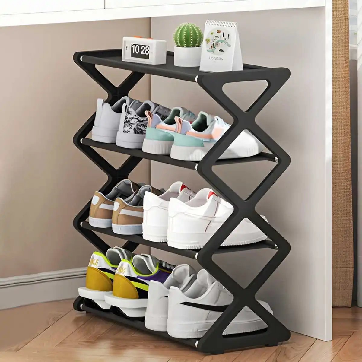 Hot 4-Tier X-Type Shoe Storage Rack, Dorm Rooms Multifunctional X-shaped Dust-proof Storage Rack for Entryways Hallways Bedrooms