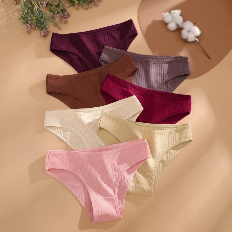 7PCS Women's Seamless Cotton Panties Ladies Low Rise Stripe Underwear Elastic Comfortable Cotton Briefs Breathable Sexy Lingerie