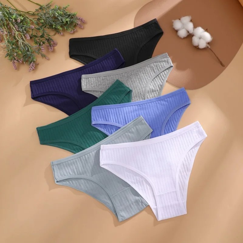 7PCS Women's Seamless Cotton Panties Ladies Low Rise Stripe Underwear Elastic Comfortable Cotton Briefs Breathable Sexy Lingerie