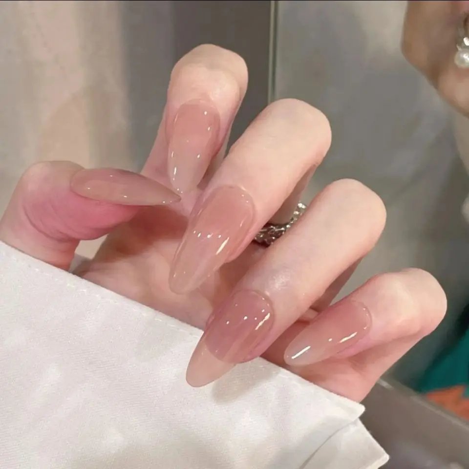 24pcs/Box Long Coffin False Nails Art Rose with Glue Wearable Nude Pink White Color Jelly Nails Tips Full Cover Press on Nails