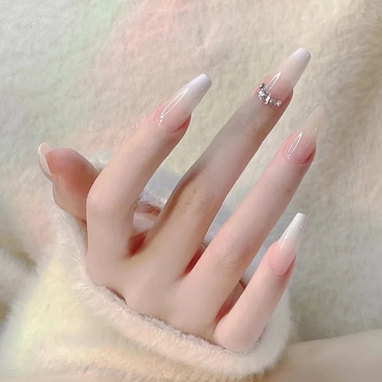 24pcs/Box Long Coffin False Nails Art Rose with Glue Wearable Nude Pink White Color Jelly Nails Tips Full Cover Press on Nails