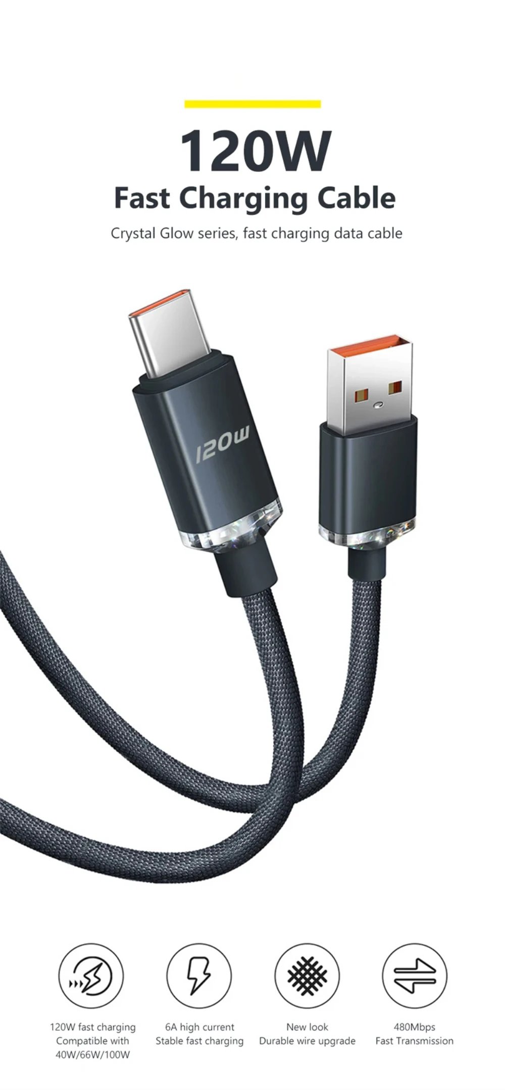 Rocklon 120W 6A Fast Charge USB Type C Quick Charge Cable For Samsung S23 Xiaomi 14 Huawei Phone Fast Charging Cable Data Cables