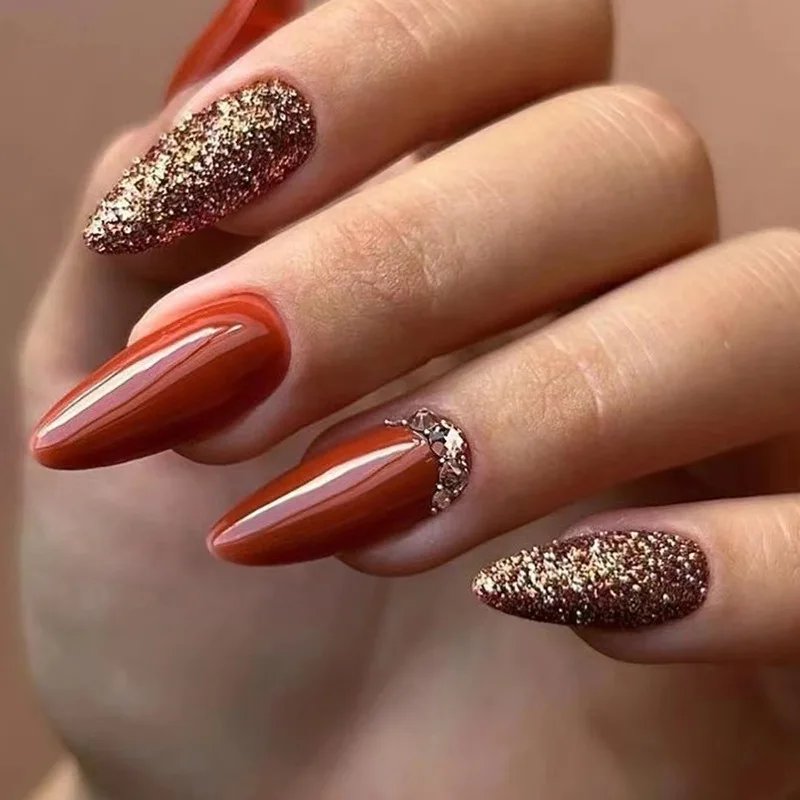 24Pcs Mid-length False Nails with Almond Head Design Brown Gold Lines Fake Nails Oval Wearable French Press on Nail Tips