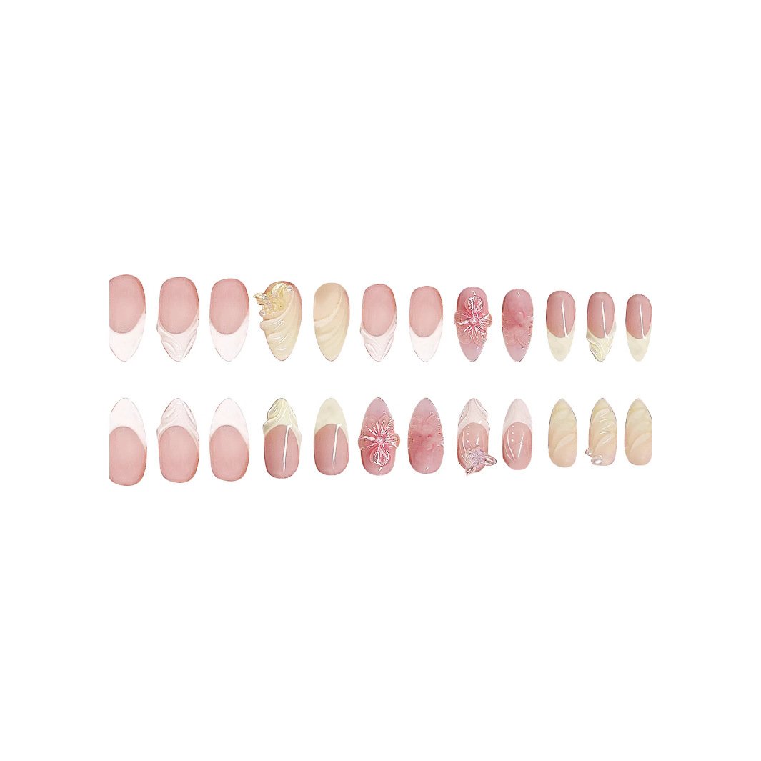 24Pcs Sweet Cool Almond Nail Set Press on Acrylic Nails 3D Floral Butterfly Fake Nail Full Cover French Tip Artificial Nails Art