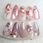 24Pcs Sweet Cool Almond Nail Set Press on Acrylic Nails 3D Floral Butterfly Fake Nail Full Cover French Tip Artificial Nails Art - Image 5