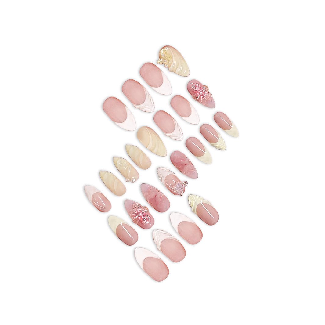 24Pcs Sweet Cool Almond Nail Set Press on Acrylic Nails 3D Floral Butterfly Fake Nail Full Cover French Tip Artificial Nails Art