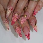 24Pcs Sweet Cool Almond Nail Set Press on Acrylic Nails 3D Floral Butterfly Fake Nail Full Cover French Tip Artificial Nails Art - Image 2
