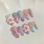 24Pcs Sweet Cool Almond Nail Set Press on Acrylic Nails 3D Floral Butterfly Fake Nail Full Cover French Tip Artificial Nails Art - Image 3