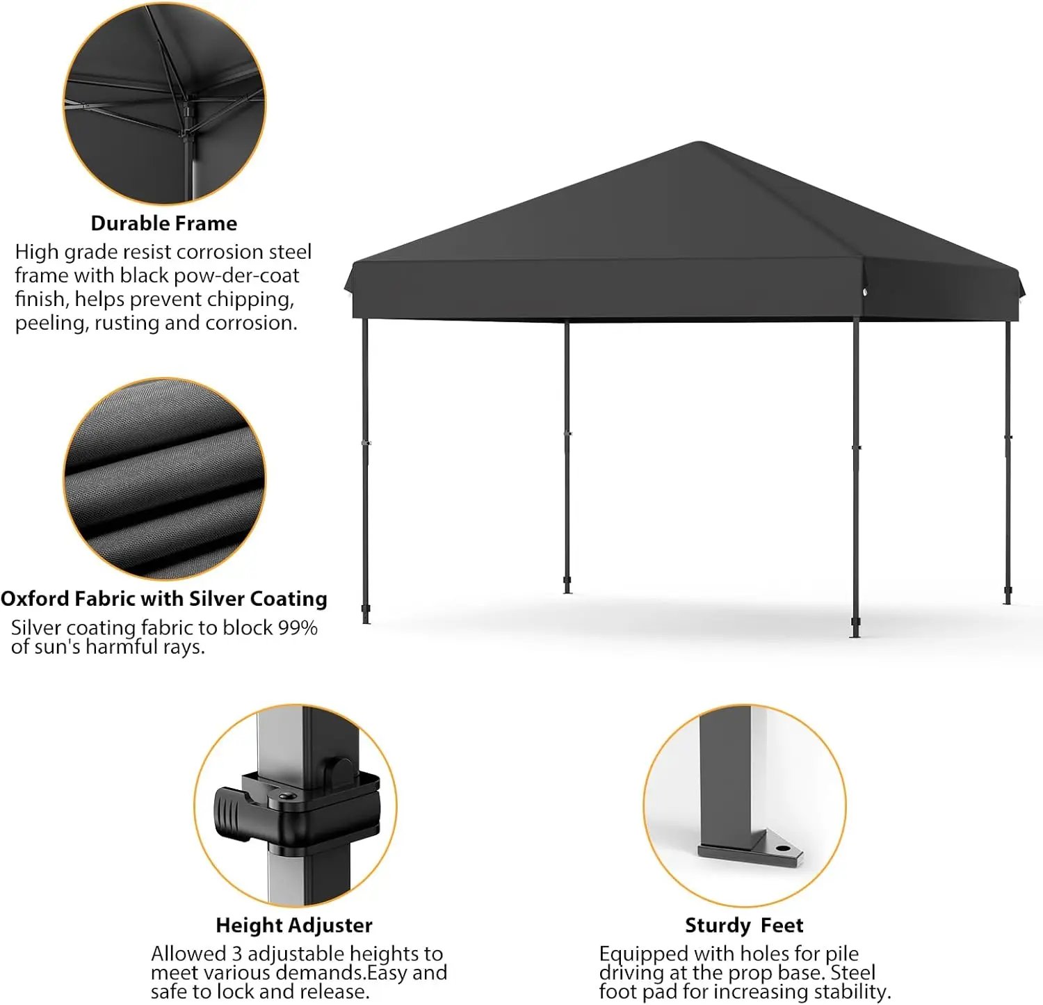 10x10 FT Pop Up Canopy Tent, Black Heavy Duty Waterproof Gazebo Shelter with Wheeled Carry Bag Portable Instant Sun Shade for Outdoor Parties, Events & Camping,Patio, Garden, Beach