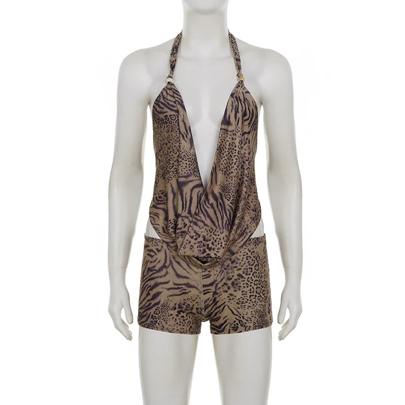 SUCHCUTE Woman Leopard Print 2 Piece Set Outfit Halter Deep V-neck Backless Crop Top & Low-Rise Shorts Sexy 2pcs Summer Clothes