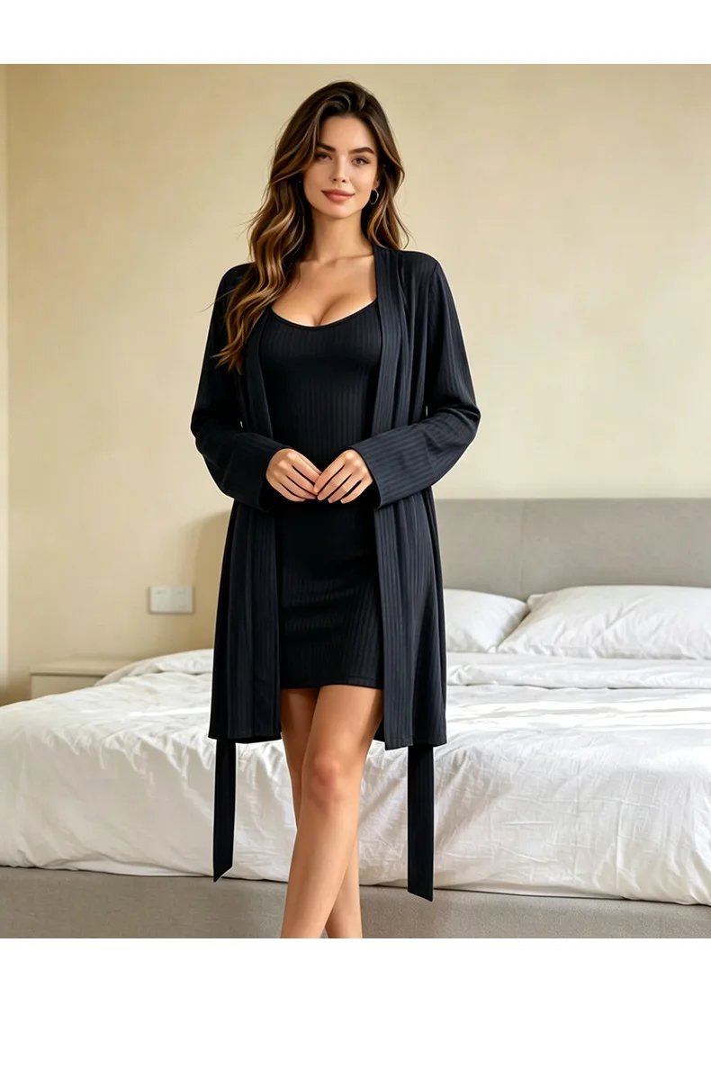 Women Simple Sexy Ribbed Robe Set Spaghetti Strap Bodycon Slip Dress Two-Piece Pajama Set Soft Home Loungewear Sleepwear Suit Women Simple Sexy Ribbed Robe Set Spaghetti Strap Bodycon Slip Dress Two-Piece Pajama Set Soft Home Loungewear Sleepwear Suit