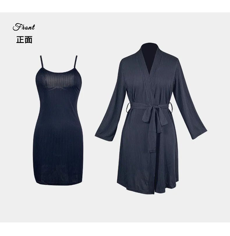 Women Simple Sexy Ribbed Robe Set Spaghetti Strap Bodycon Slip Dress Two-Piece Pajama Set Soft Home Loungewear Sleepwear Suit