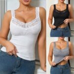 Summer Women's Lace Neckline Seamless Tank Top Slim Fit Knit Camisole Ribbed Basic Tank Tops Sleeveless Streetwear Girls Vest - Image 3