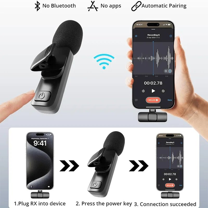 Wireless Lavalier Lapel Microphone for iPhone, iPad, Mini Video Recording Mic for Interview Video Podcast Vlog Noise Reduction Wireless Lavalier Lapel Microphone for iPhone, iPad, Mini Video Recording Mic for Interview Video Podcast Vlog Noise Reduction
