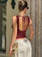 Hugcitar Swing Collar Solid Slips Backless Lace Up Sexy Slim Crop Tank Top Spring Summer Women New Fashion Outfit Vacation Club - Image 4