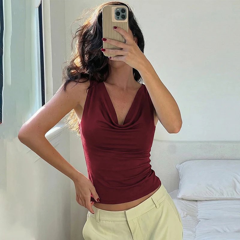 Hugcitar Swing Collar Solid Slips Backless Lace Up Sexy Slim Crop Tank Top Spring Summer Women New Fashion Outfit Vacation Club