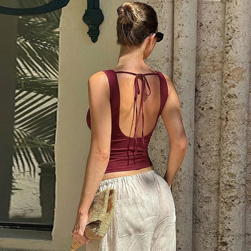 Hugcitar Swing Collar Solid Slips Backless Lace Up Sexy Slim Crop Tank Top Spring Summer Women New Fashion Outfit Vacation Club