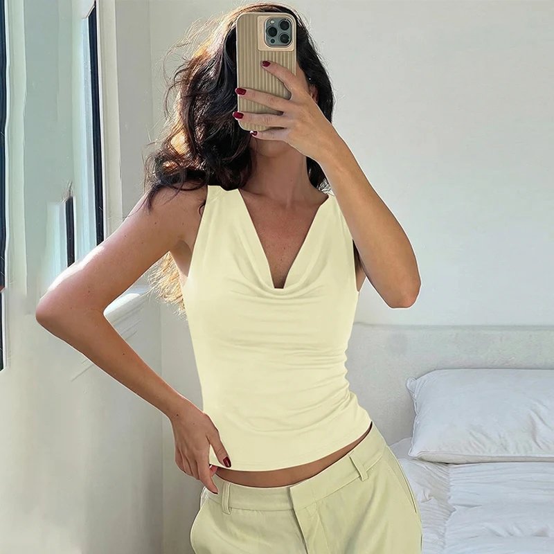 Hugcitar Swing Collar Solid Slips Backless Lace Up Sexy Slim Crop Tank Top Spring Summer Women New Fashion Outfit Vacation Club