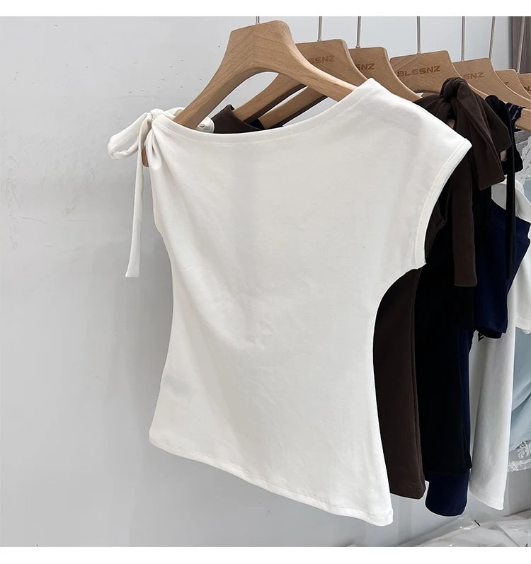 Trendy High Street Solid Color Bow Tie Asymmetric Shoulder T-shirt 2026 Summer Women Tshirt Sexy Fashion Slim Fit Tees Crop Top Trendy High Street Solid Color Bow Tie Asymmetric Shoulder T-shirt 2026 Summer Women Tshirt Sexy Fashion Slim Fit Tees Crop Top