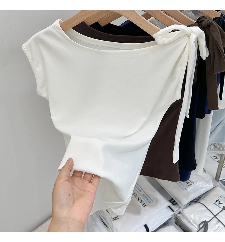 Trendy High Street Solid Color Bow Tie Asymmetric Shoulder T-shirt 2026 Summer Women Tshirt Sexy Fashion Slim Fit Tees Crop Top Trendy High Street Solid Color Bow Tie Asymmetric Shoulder T-shirt 2026 Summer Women Tshirt Sexy Fashion Slim Fit Tees Crop Top