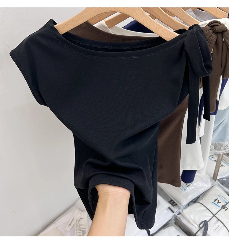 Trendy High Street Solid Color Bow Tie Asymmetric Shoulder T-shirt 2026 Summer Women Tshirt Sexy Fashion Slim Fit Tees Crop Top Trendy High Street Solid Color Bow Tie Asymmetric Shoulder T-shirt 2026 Summer Women Tshirt Sexy Fashion Slim Fit Tees Crop Top