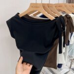 Trendy High Street Solid Color Bow Tie Asymmetric Shoulder T-shirt 2026 Summer Women Tshirt Sexy Fashion Slim Fit Tees Crop Top - Image 3