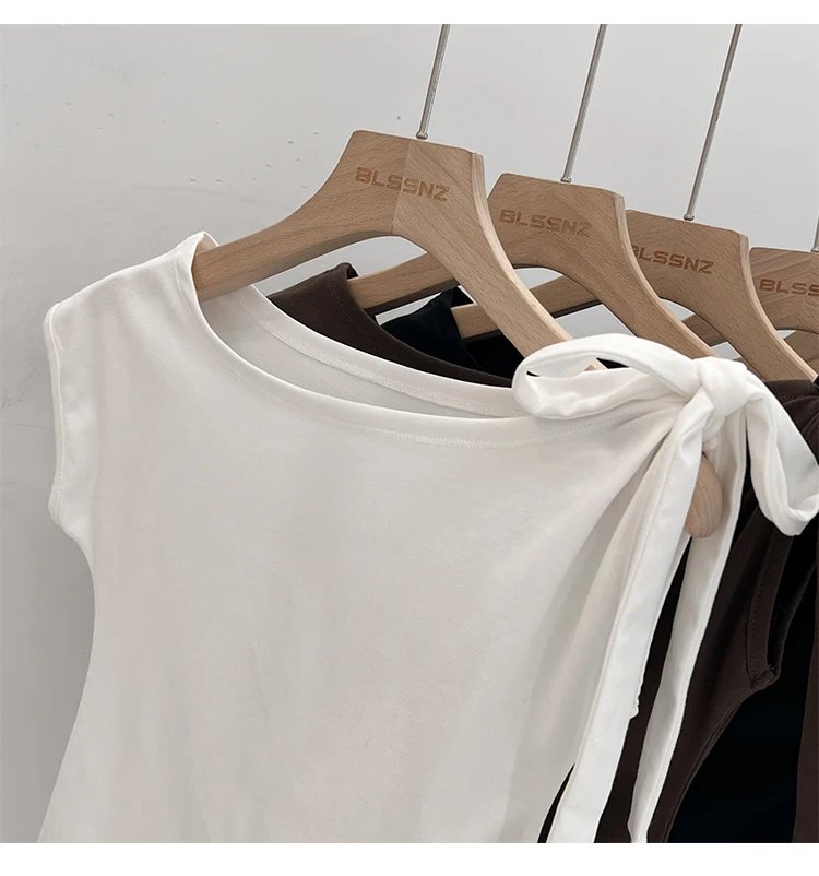 Trendy High Street Solid Color Bow Tie Asymmetric Shoulder T-shirt 2026 Summer Women Tshirt Sexy Fashion Slim Fit Tees Crop Top Trendy High Street Solid Color Bow Tie Asymmetric Shoulder T-shirt 2026 Summer Women Tshirt Sexy Fashion Slim Fit Tees Crop Top