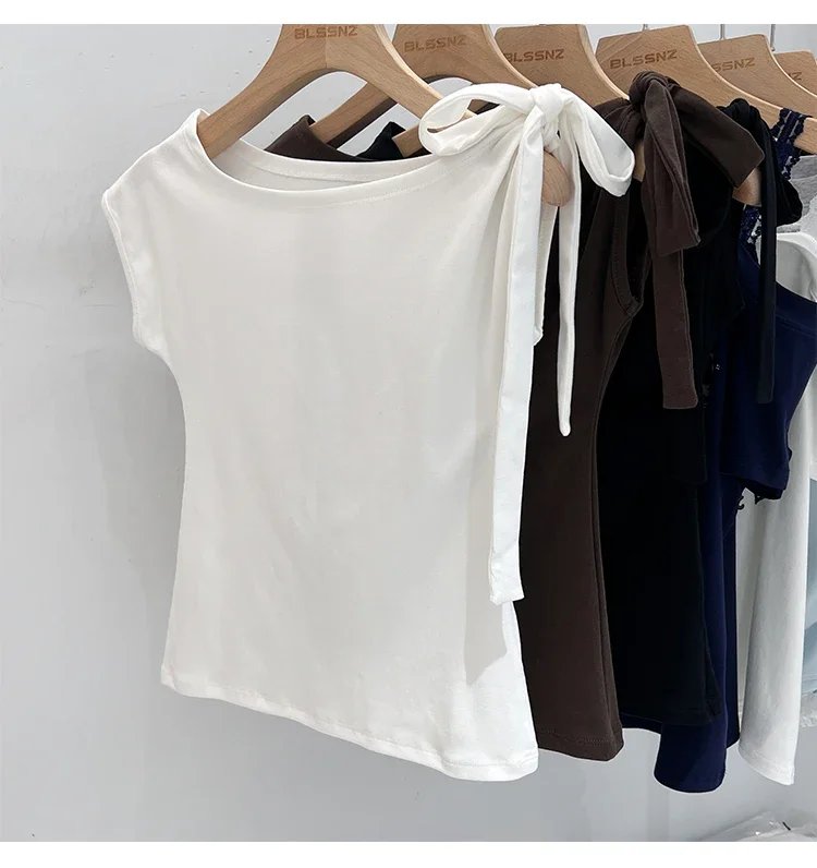 Trendy High Street Solid Color Bow Tie Asymmetric Shoulder T-shirt 2026 Summer Women Tshirt Sexy Fashion Slim Fit Tees Crop Top Trendy High Street Solid Color Bow Tie Asymmetric Shoulder T-shirt 2026 Summer Women Tshirt Sexy Fashion Slim Fit Tees Crop Top